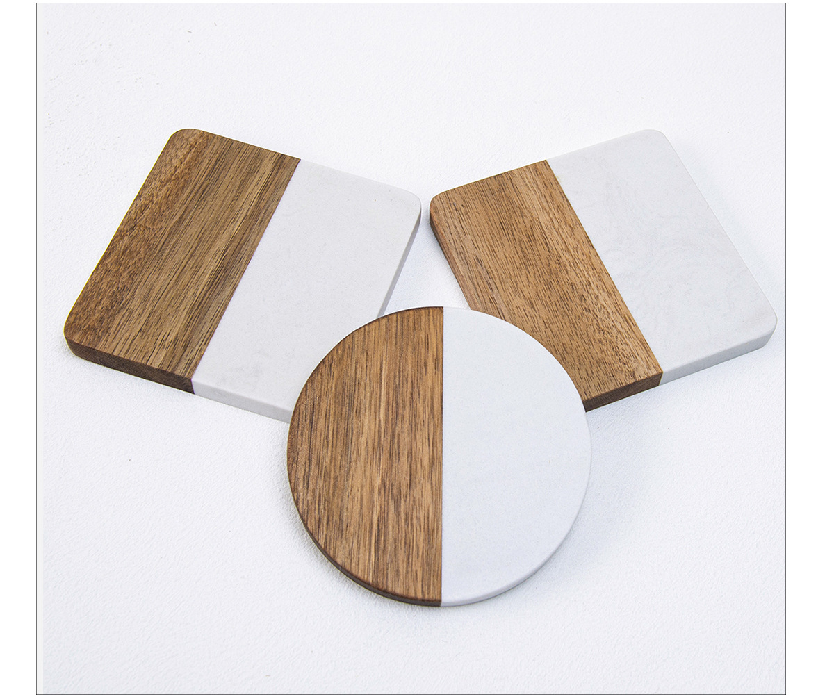 10cm Round Marble and Acacia Wood Coaste